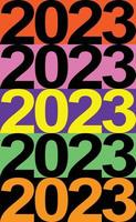 2023 number design template. Collection of 2023 Happy New Year symbols. Vector illustration with multicolors labels isolated on multicolors background.