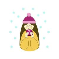 The girl drinks coffee, winter, snowflakes. Vector illustration.