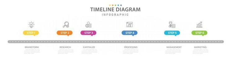 plantilla infográfica para negocios. Diagrama de línea de tiempo moderno de 6 pasos con temas de iconos, infografía vectorial de presentación con iconos. vector