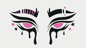 Emo girl's crying eyes Tattoo. Women's watery eyes with flowing mascara. Goth 00s aesthetic concept vector