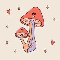 Funny retro Sticker of Groovy Mushroom with eyes. Vintage cartoon 60s - 70s psychedelic element. Isolated vector illustration