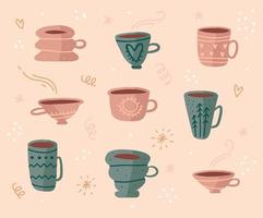 Hand drawn set of various Cups with Hot tea or coffee. Doodle vector illustration