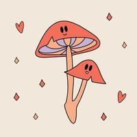 Funny retro Sticker of Groovy Mushroom with eyes. Vintage cartoon 60s - 70s psychedelic element. Isolated vector illustration