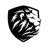 The head of a lion with a sharp black and white mane that is discreet inside a shield that vector