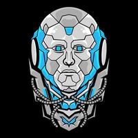 cabeza de robot que se asemeja a un ser humano con ojos de cámara azules afilados con cables alrededor del cuello vector