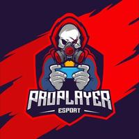 pro player esport logo calavera con máscara de gas usando teléfono celular vector