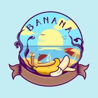 logotipo de ilustración simple de un ambiente de playa relajado con plátanos, comida y bebidas vector