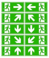 emergency exit sign set bundle silhouette man running on the door arrow icon green color collection vector