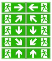 emergency exit sign set bundle silhouette man running on the door arrow icon green color collection vector