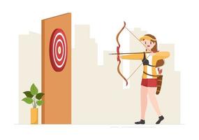 Archery Sport with Bow and Arrow Pointing at Target for Outdoor Recreational Activity in Flat Cartoon Hand Drawn Template Illustration vector