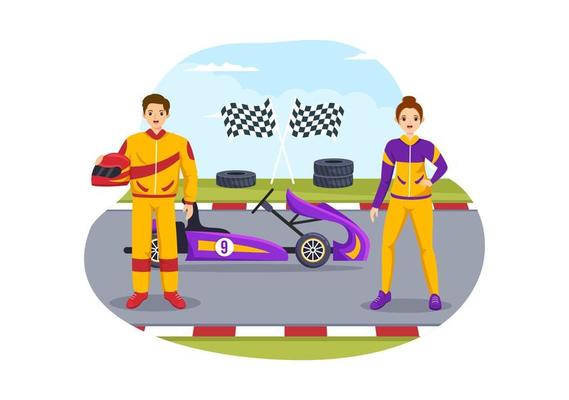 Karting Sport with Racing Game Go Kart or Mini Car on Small Circuit Track in Flat Cartoon Hand Drawn Template Illustration