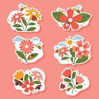 conjunto de pegatinas de insectos y flores de primavera vector