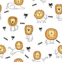 Seamless childish pattern with little lion and palms. Cute vector texture for kids bedding, fabric, wallpaper, wrapping paper, textile, t-shirt print