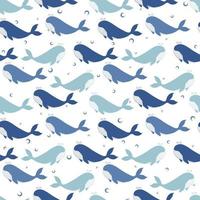 Seamless vector pattern with hand drawn whales and bubbles
