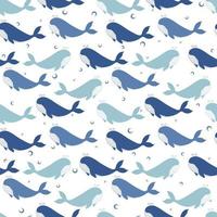 Seamless vector pattern with hand drawn whales and bubbles