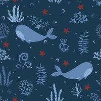 Seamless pattern with cute blue whale, starfish and algae vector