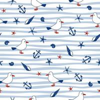 Seamless pattern with cute seagull, anchor, shells. Cute marine pattern for fabric, children's clothing, background, textiles, wrapping paper vector