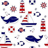 Seamless pattern with sailboat, wave, fish, seagull, anchor, rudder and lifebuoy. Cute marine pattern for fabric, children's clothing, background, textiles, wrapping paper and others vector