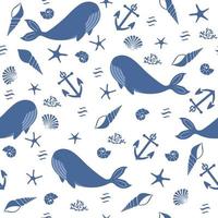 Seamless pattern with cute blue whale, wave, shells, anchor and algae vector