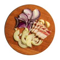 National Russian and Ukrainian food - salo. Sliced bacon on a wooden board, red onion and garlic. Appetizer for vodka. png