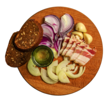 National Russian and Ukrainian food - salo. Sliced bacon on a wooden board, red onion and garlic. Appetizer for vodka. png