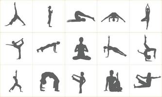 Set of vector icons of woman doing yoga exercises. Silhouettes of flexible girl stretching her body in different yoga poses. Black shapes of woman isolated on white background.