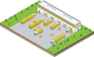 escena isométrica del camión de remolque en el proceso de descarga de la sala logística del almacén en el negocio de la empresa vector