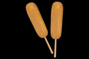 Two corn dogs on a black background with copy space. Vector image