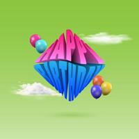 Happy Birthday text design vector with square shape. balloon and cloud decoration. levitating 3d illustration