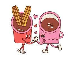 chocolate caliente con churros y taza de café personajes enamorados. mascotas de dibujos animados retro de la tarjeta del día de san valentín. dulce pareja de comida latinoamericana. ilustración de contorno vectorial. vector