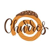 churros - palabra de letras dibujadas a mano con palo de churros en espiral en el fondo. Ilustración de tipografía plana vectorial. vector