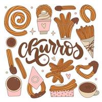 Set of different churros with chocolate sauce cups. Mexican sweet snack collection. Hand drawn contourvector illustration. Churro sticks in paper bag, bowl with hot chocolate. Retro design. vector