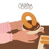 Female hands holding churros dip in chocolate sauce. Flat vector illustration. Churro cafe isolated concept