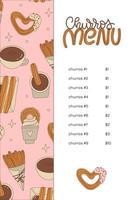 Cute chorrus menu template with various Latin American traditional bakery and pastry. Vector hand drawn cartoon or sketch style illustration.