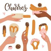 Hands holding different churros. Traditional Spanish and Portuguese dessert. A femals hand holding a pastry sweet snack and dunking it in a chocolate sauce. Flat vector illustration.