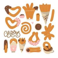 Set of differernt churros shapes with chocolate sauce. Mexican snack. Hand drawn flat vector illustration. Churros sticks in paper bag, bowl with hot chocolate.