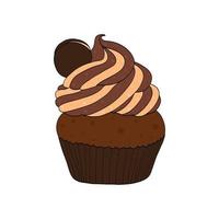delicioso muffin, bizcocho con galletas de chispas de chocolate con cobertura de crema. ilustración vectorial aislado sobre fondo blanco vector
