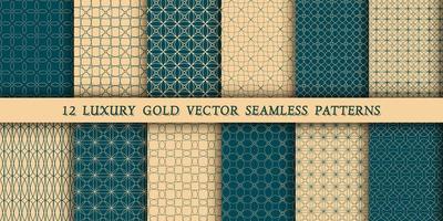 A set of 12 luxurious geometric gold patterns for printing and design, golden lines on a green, emerald background. Modern and stylish patterns vector