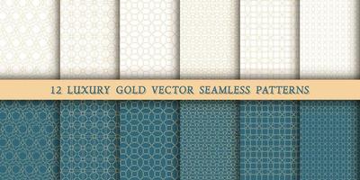 A set of 12 luxurious geometric gold patterns for printing and design, golden lines on a white and green, emerald background. Modern and stylish patterns vector