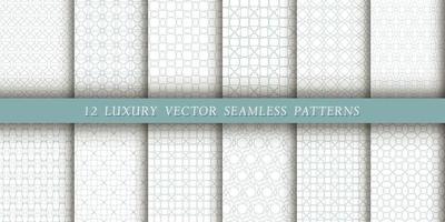 A set of 12 luxurious geometric patterns for printing and design, gray-blue lines on a white background. Modern and stylish patterns vector