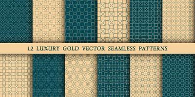 A set of 12 luxurious geometric gold patterns for printing and design, golden lines on a green, emerald background. Modern and stylish patterns vector