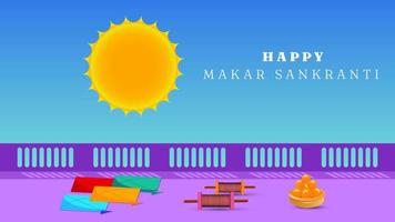 banner feliz makar sankranti creado con coloridas cometas charkhi sun y laddoo vector