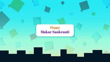 happy makar sankranti banner created with colorful kite objects and building silhouette vector