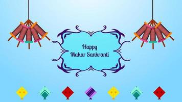 happy makar sankranti banner created with bunch of charkhi and colorful kites vector