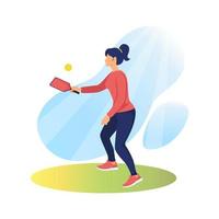 Young girl playing pickleball. Athlete, human figure with racket and ball. Outdoor sports. Active pickleball game for whole family. For any digital graphic on print design. Vector illustration