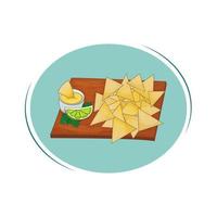 nachos crujientes con salsa de queso y lima. plato tradicional mexicano. cocina vegetariana ilustración vectorial dibujos animados. vector