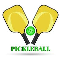 emblema de pickleball. dos raquetas cruzadas y pelota de pickleball. deportes activos para toda la familia. equipamiento deportivo de pickleball para juegos al aire libre. logotipo para club deportivo vector