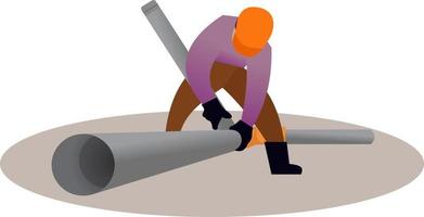 worker installing pipe during construction, connecting water pipe vector illustration, laying sewer pipe for building, braiding several pipes