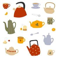 Set of colorful teapots and cups for tea or coffee. Hand drawn doodle style design. vector