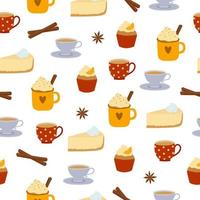 Seamless pattern of colorful cups and desserts on white background. Kitchen utensil background. vector